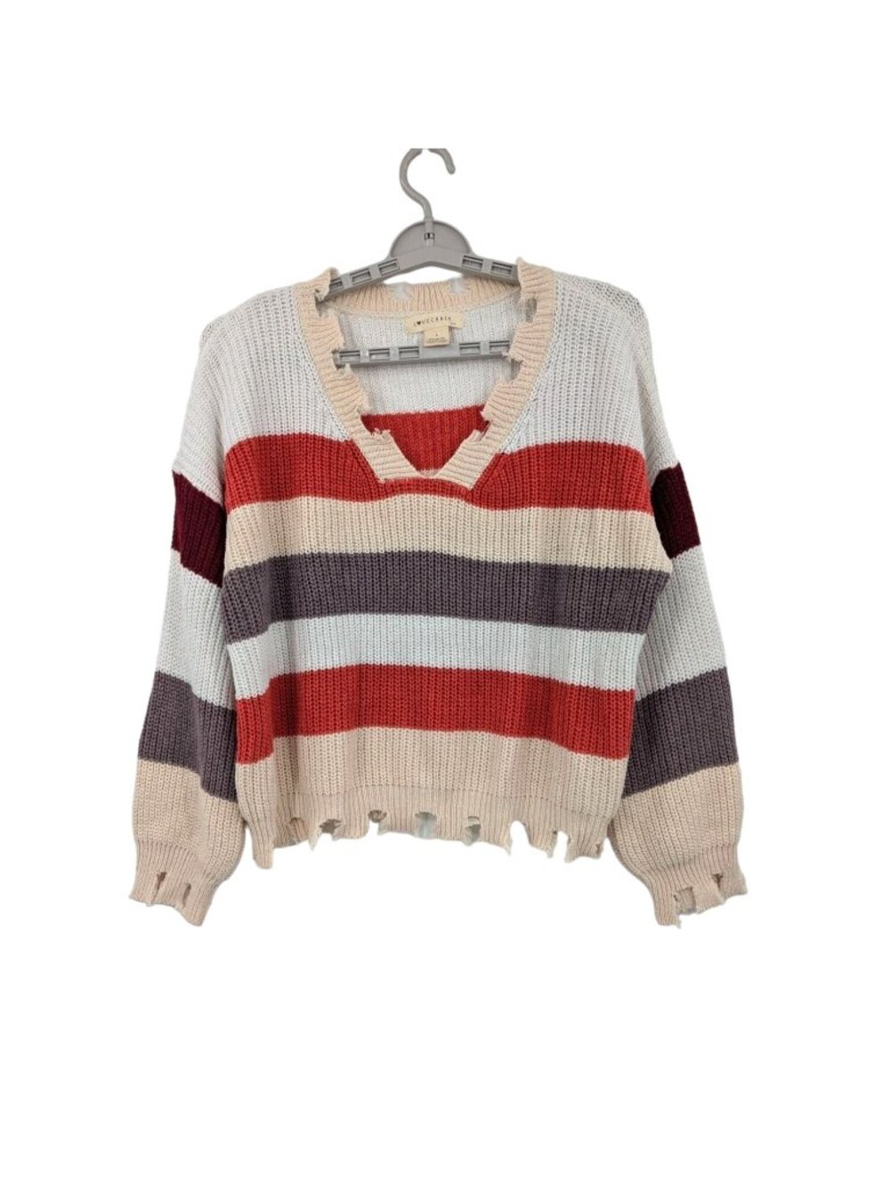 Striped Distressed V Neck Knit Sweater Coastal Oversized Granola Pullover Large